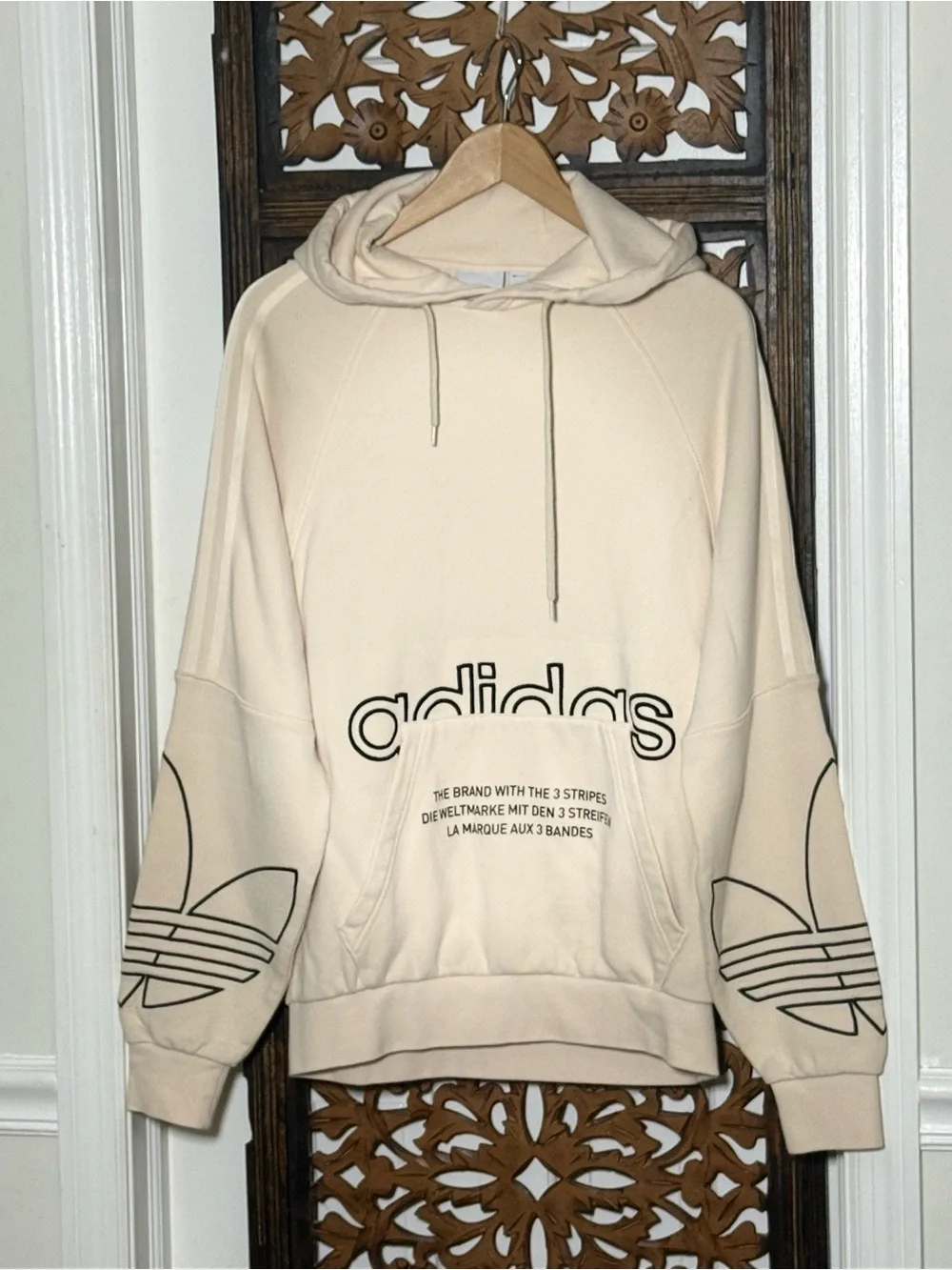 Adidas Originals Tricolor Graphic Hoodie Cream Pullover Sweatshirt Men’s S